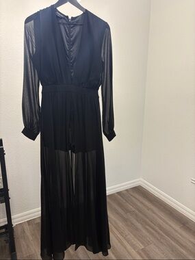 bebe Black Sheer Long-Sleeve Maxi Dress